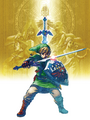 The gold version of the illustration depicting Link with Zelda, Impa, Groose, and Fi in the background
