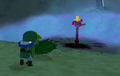 Link revealing a Floormaster in the Paralyzing Fog with the Deku Leaf from The Wind Waker