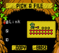 A Linked Game file on the File Selection Screen in Oracle of Seasons, identified by the Rod of Seasons