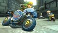 Link riding the Master Cycle from Mario Kart 8