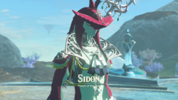 A screenshot of Sidon at Mipha Court, which is covered in Sludge. Text on-screen displays his name, along with the title "Prince of the Zora".