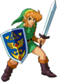 Link armed with the Fighter's Shield in official artwork from A Link to the Past & Four Swords
