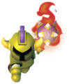 A gold Ball and Chain Soldier wielding a fiery mace from Tri Force Heroes