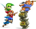 The Links fighting a Moblin atop a Totem from Tri Force Heroes