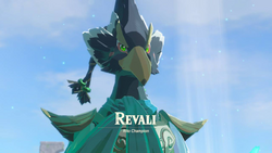 A screenshot of Revali as a Spirit on the back of Divine Beast Vah Medoh. Text on-screen displays his name, along with the title "Rito Champion".