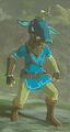 Link wearing the Moblin Mask, imitating a Moblin's stance from Breath of the Wild