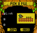 A Linked Game file on the File Selection Screen in Oracle of Ages, identified by the Harp of Ages