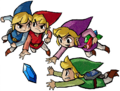 Artwork of the Links leaping for a Blue Rupee from Four Swords