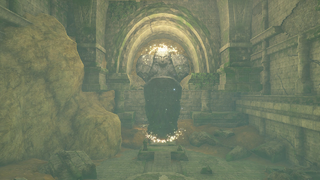 A screenshot of the Mother Goddess Statue inside the Forgotten Temple. She has been revitalized and is now standing upright. A magical energy swirls around her.
