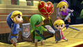 Several Toon Links in alternate costumes fighting over a Heart Container