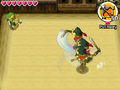 Link facing off against three Stalfos Warriors in the Sand Temple