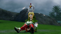 A Cucco on Linkle's head from her victory animation from Hyrule Warriors