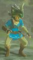 Link wearing the Lizalfos Mask, imitating a Lizalfos's stance from Breath of the Wild