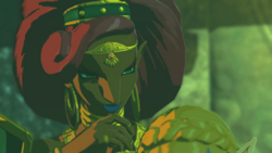 A screenshot of Urbosa and Princess Zelda within Divine Beast Vah Naboris. Princess Zelda is alseep, her head resting on Urbosa's shoulder.