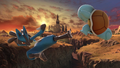 Lucario attacking Squirtle in the Bridge of Eldin Stage from Super Smash Bros. Ultimate
