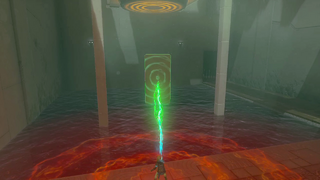 A screenshot of Link using the Ultrahand Ancient Power to hold a water-resistant board underwater.