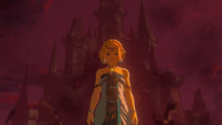 A screenshot of the floating portion of Hyrule Castle during a Blood Moon. A figure that appears to be Princess Zelda stands on, the Sanctum visible behind her.