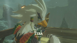 A screenshot of Teba repairing a Falcon Bow at the Flight Range. Text on-screen displays his name, along with the title "Rito Warrior".