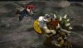 Mario stops his attack against Bowser when he uses Zelda's trophy as a shield