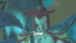 A screenshot of Sidon in the Throne Room of Zora's Domain. Text on-screen displays his name, along with the title "Zora Prince".