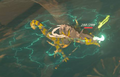 An Electric Lizalfos emitting a shock wave while swimming in water from Breath of the Wild
