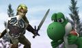 Link and Yoshi getting ready to fight a Fake Peach in the Subspace Emissary from Super Smash Bros. Brawl