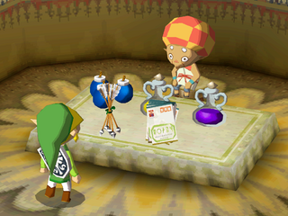 A screenshot of Kogane's Shop in Papuchia Village. Link stands in the foreground perusing her wares.