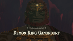 A screenshot of Demon King Ganondorf in Gloom's Origin. Text on-screen displays his name, along with the title "The Menace Unleashed".