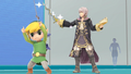 Toon Link conducting the Wind Waker beside Robin