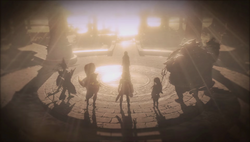 A screenshot of Princess Zelda and the Champions' silhouettes at the Sacred Ground Runs.