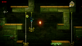 A screenshot of Zelda in a side-scrolling segment. She is holding onto silk strands created by a Strandtula.