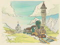 The Spirit Train with the Tower of Spirits and Hyrule Castle in the background from Spirit Tracks