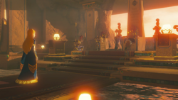 A screenshot of Princess Zelda standing before Urbosa in the Royal Palace's Throne Room.