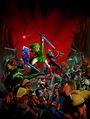 Artwork of Sheik fighting various monsters alongside Link