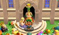 Link, King Tuft, and Sir Combsly forming a Totem in celebration after Princess Styla's curse is lifted from Tri Force Heroes