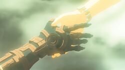 A screenshot of Link's hand reaching up to grab Zelda's.