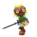 A Mii Swordfighter wearing Majora's Mask as seen in-game from Super Smash Bros. for Wii U