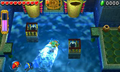 A promotional screenshot featuring Link swimming with the Zora Costume
