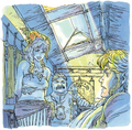 Artwork of Marin, Tarin, and Link inside Marin and Tarin's House from Link's Awakening