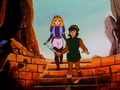 Link and Zelda going down an Underworld entrance in the animated series