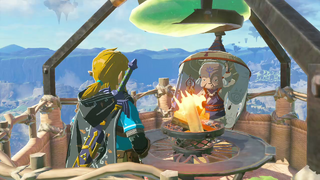 A screenshot of Link and Impa in a Balloon.