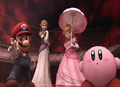 Zelda with Mario, Princess Peach, and Kirby during the attack on the stadium