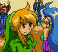 Link, Nayru, and Ralph waving goodbye to Queen Ambi
