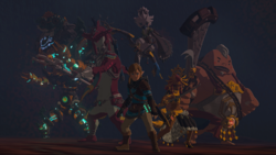 A screenshot of Link, Tulin, Yunobo, Sidon, Riju, and Mineru in her Construct together in Gloom's Origin.