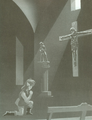 Artwork of Link praying before a crucifix in the Sanctuary