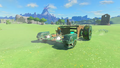 Link riding a vehicle in Hyrule Field