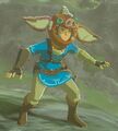Link wearing the Bokoblin Mask, imitating a Bokoblin's stance from Breath of the Wild