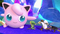 Toon Link facing a giant Jigglypuff from Super Smash Bros. Ultimate