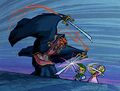 Artwork of Ganondorf fighting Link and Princess Zelda
