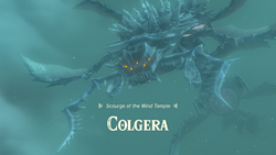 A screenshot of Colgera flying through the air. Text on-screen displays it name, along with the title "Scourge of the Wind Temple".